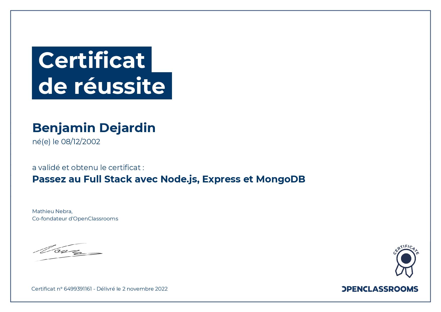 Certification NodeJS, Express et MongoDB
